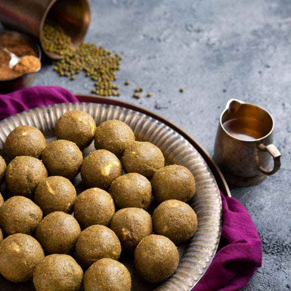 Homemade Whole Green Moong Dal Laddus (Desi Ghee, Jaggery & Dry Fruits)
