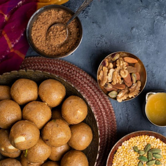 Homemade Yellow Moong Dal Laddus (Desi Ghee, Jaggery & Dry Fruits)